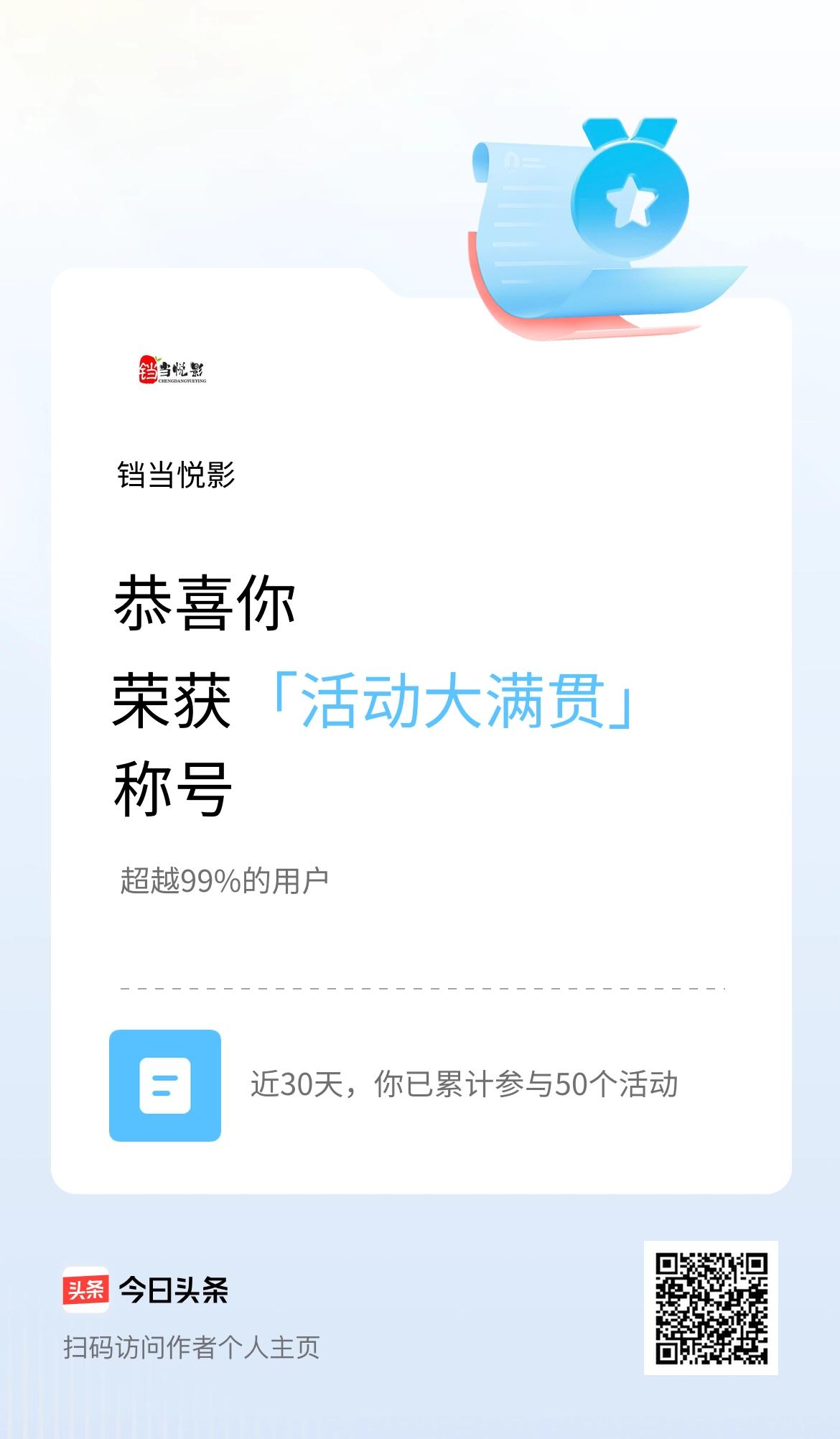 成功拿下头条「活动大满贯」称号！特别感谢一路支持我的粉丝和友友们，这份荣耀属于大