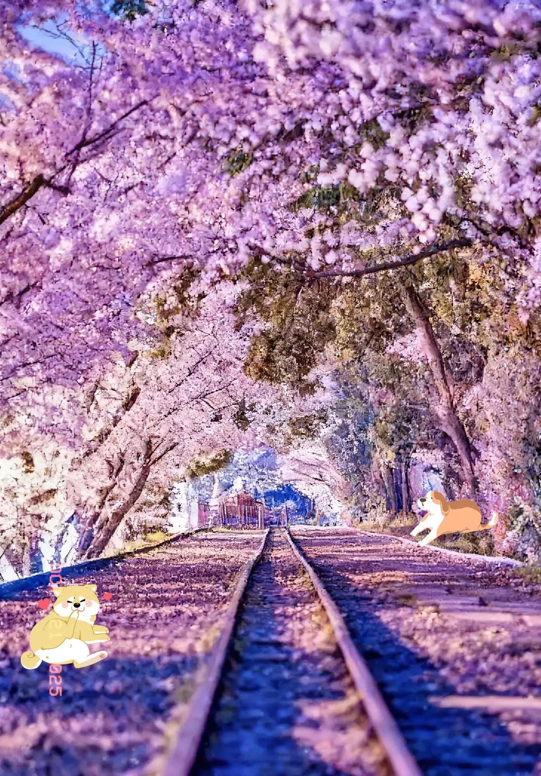你看这张图，轨道两边全是粉粉的樱花，像盖了层花被子似的，也太浪漫了吧！走在这儿肯