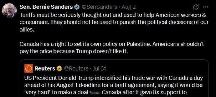 美国佛蒙特州无党籍参议员伯尼·桑德斯严厉批评特朗普将加拿大商品关税提高10%，认