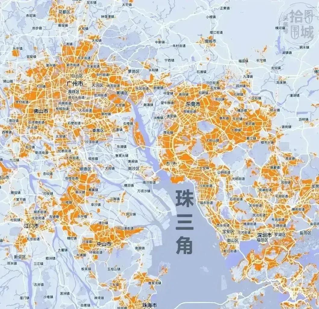 广东省珠三角地区建成区示意图，这里就看到大湾区最具潜力的地方为何是广州南沙！？
