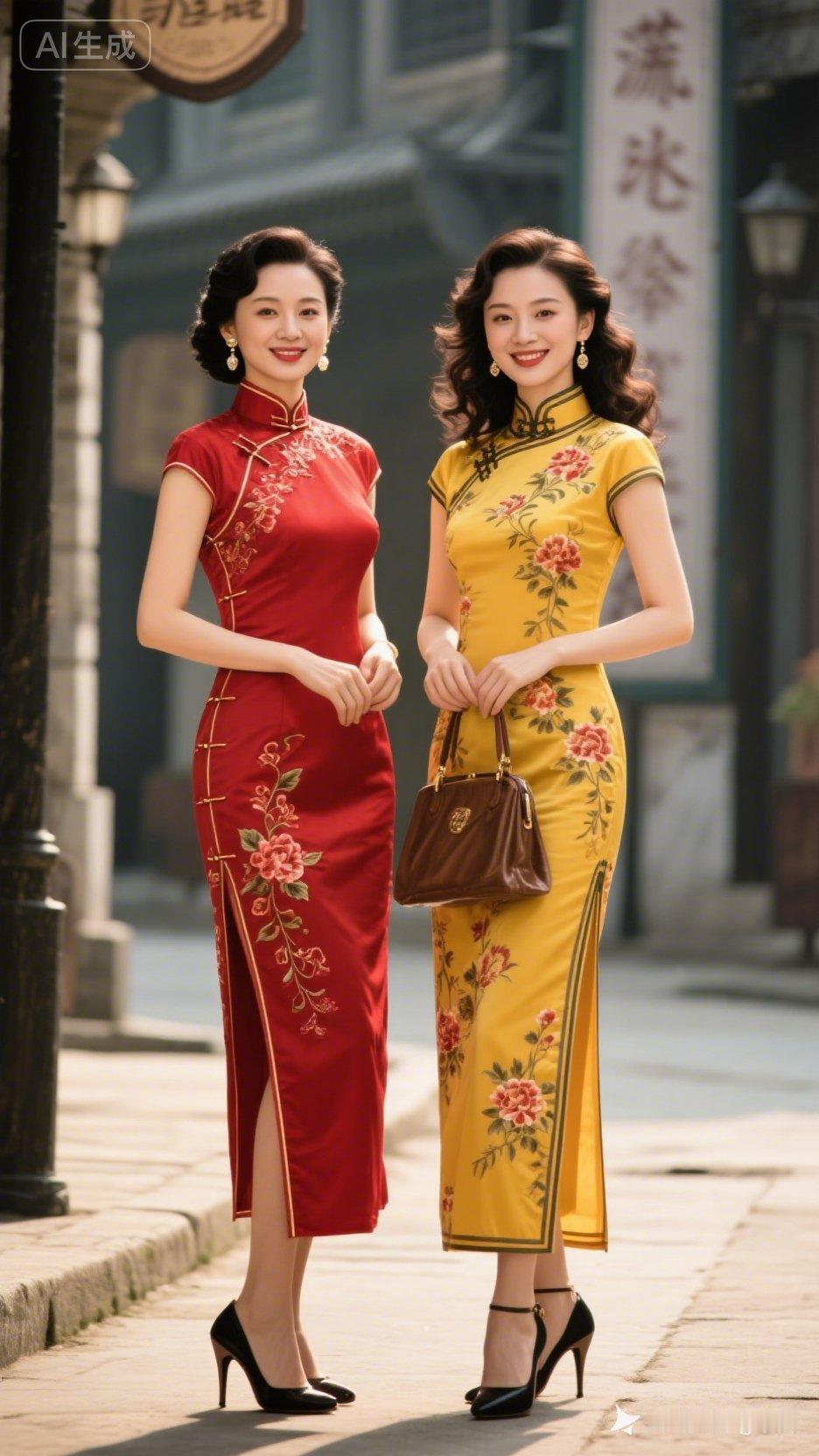 两位美女穿着旗袍在街头拍照。