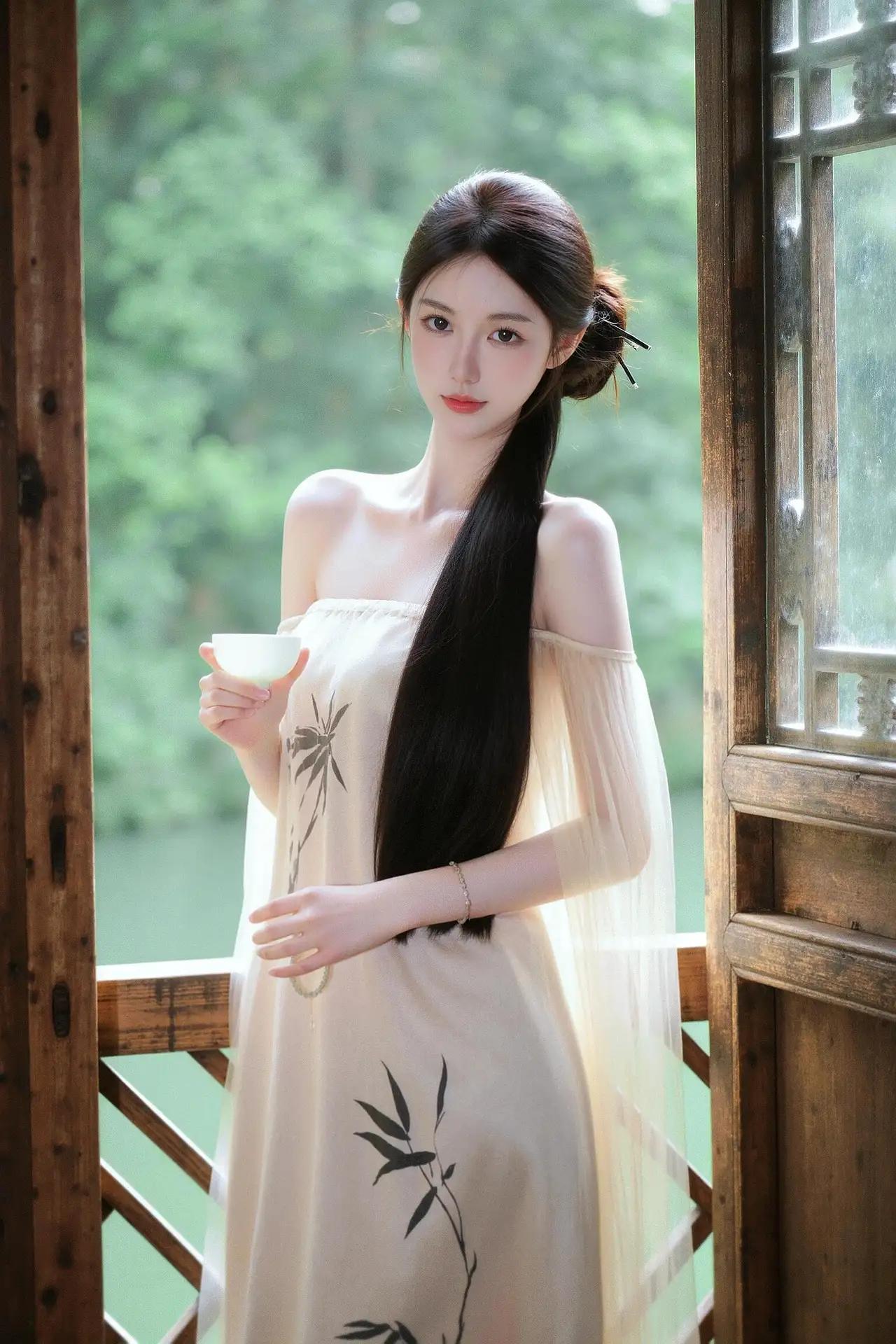 她身穿浅色抹胸长裙，裙身点缀水墨竹叶图案，搭配轻盈薄纱披肩，手持团扇或茶盏，或倚