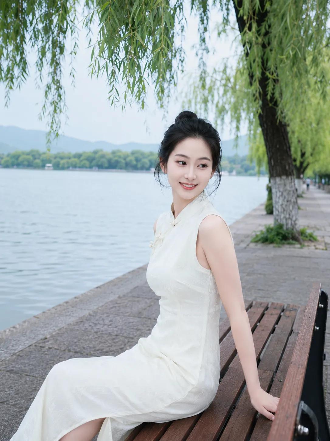 湖畔静坐，白裙飘飘，岁月静好。