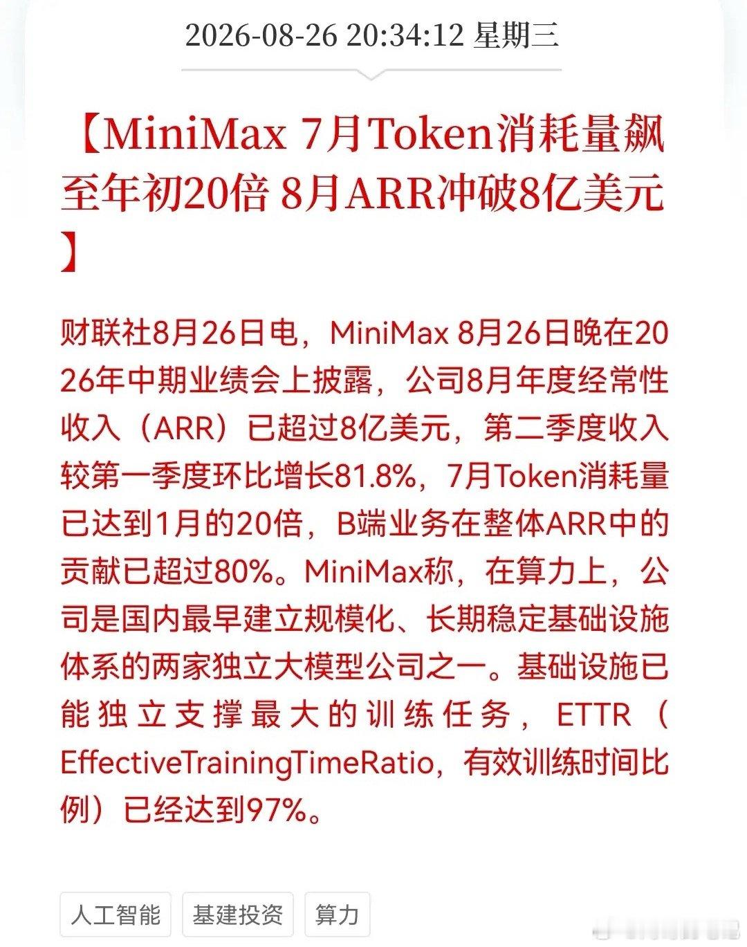 AI大模型又一极崛起了MiniMax财报大超预期97%训练效率更是证明算力没有泡
