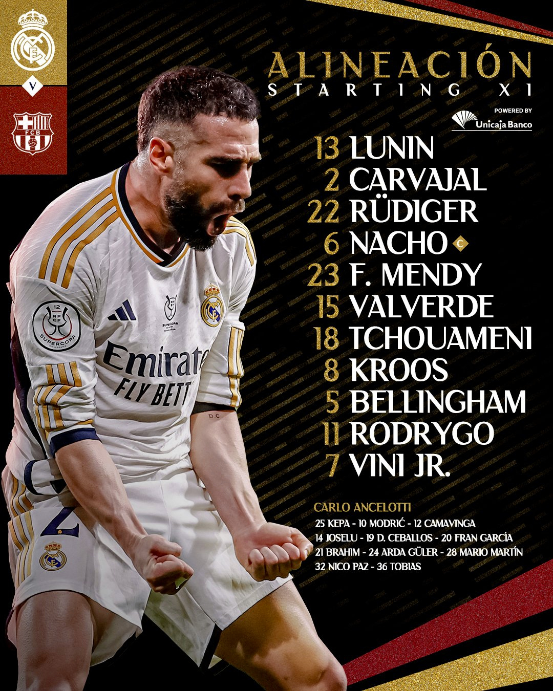 #皇马#先发：Lunin, Carvajal, Rüdiger, Nacho, 