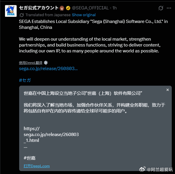 世嘉正式落地上海，设立全资子公司世嘉（上海）软件有限公司，注册资本300万美元，