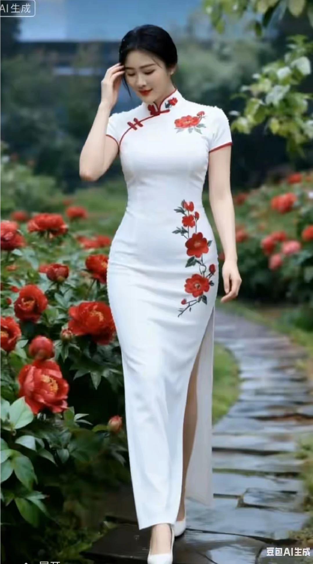 唯有牡丹真国色，
花开时节动京城。
白色旗袍，红色牡丹。
出水芙蓉 ，亭亭玉立。