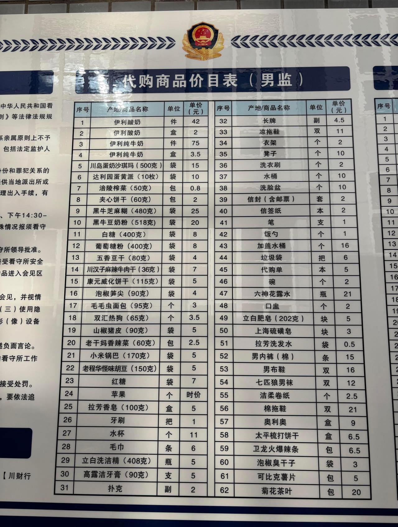 看守所里的代购商品价目表