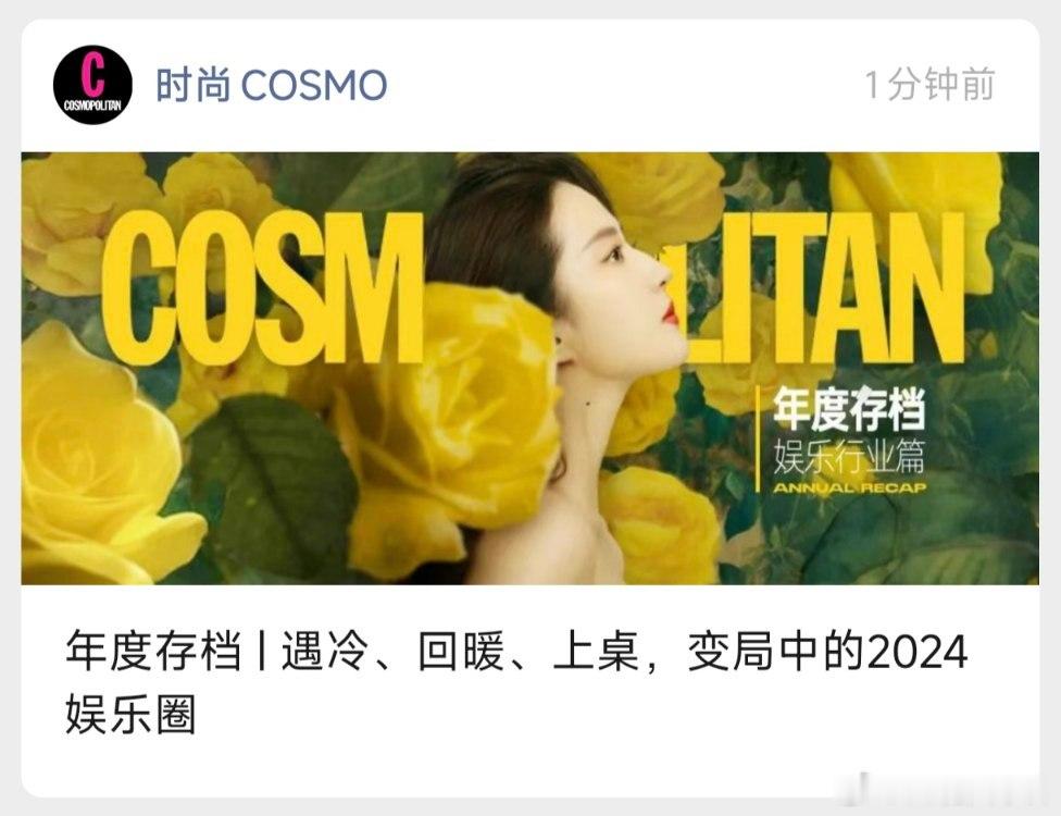 时尚COSMO娱乐行业年度存档，封面和开篇都是刘亦菲！感谢黄亦玫陪我度过2024