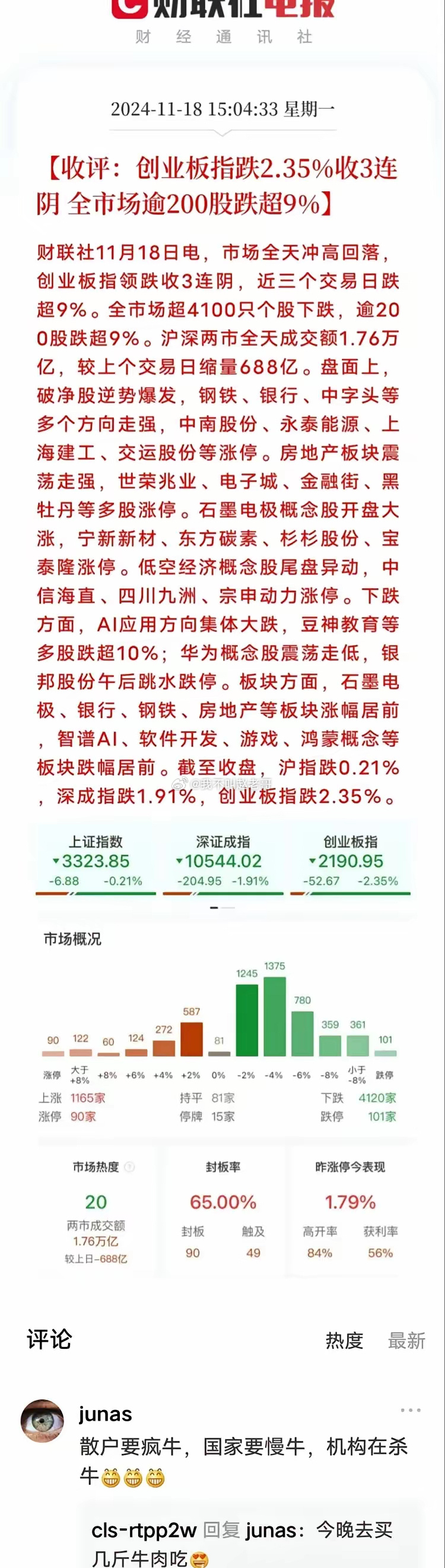 三大股指跳水，原因找到了！1、股民集体罢工。今天，拉破净，拉蓝筹的剧本失效，银行