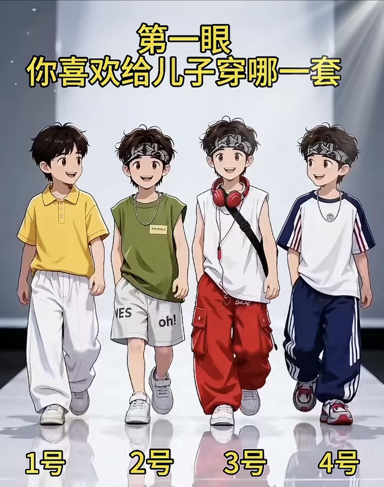 第一眼，你喜欢给儿子穿那一套？
1号：清爽阳光POLO风
 亮点：经典的黄白配色