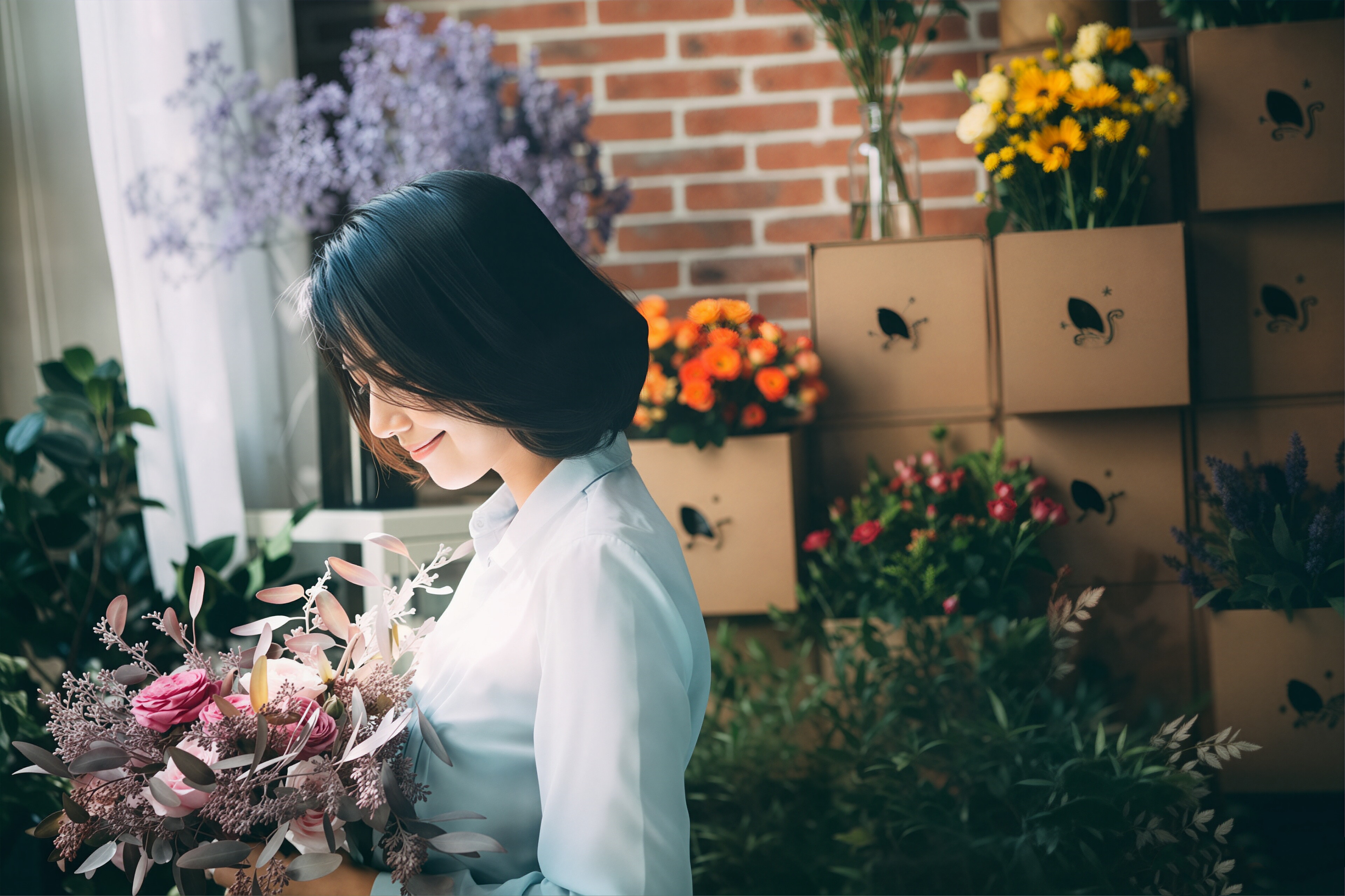 高圆圆 这组花房随拍太治愈了✨ 淡蓝衬衫衬得她温婉灵动，在满室繁花中轻嗅玫瑰、伏