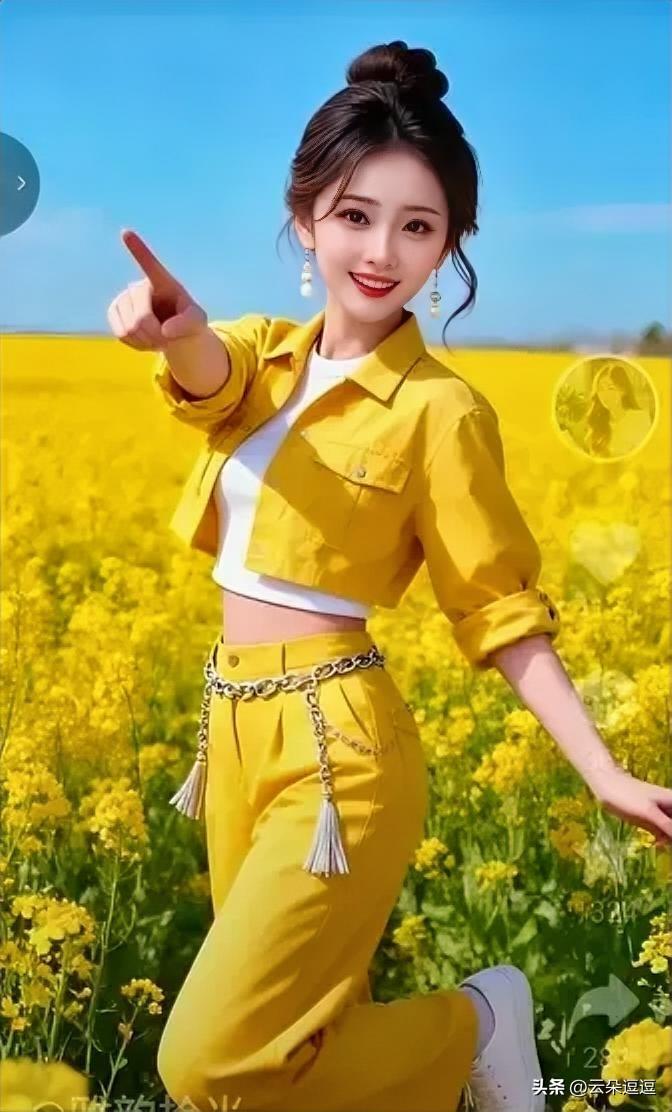 在金黄花海中，元气少女俏皮指天，活力满满！🌻💃