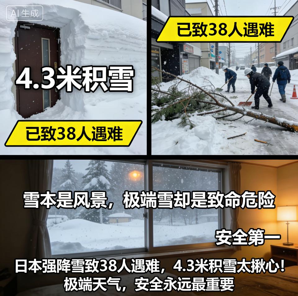 日本强降雪致38人遇难，安全第一！近日，日本遭遇强降雪天气，这场灾害已导致38人