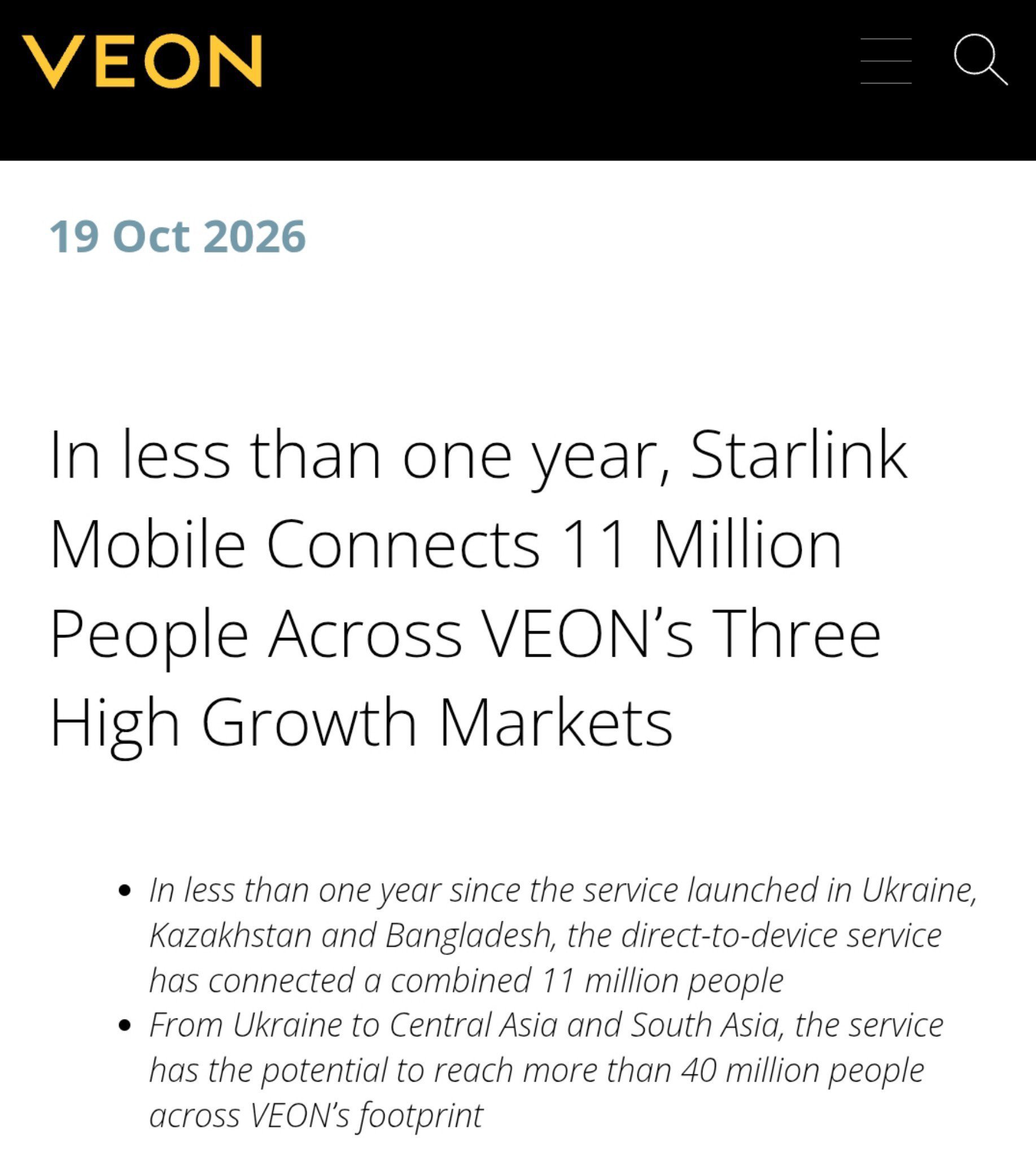 Starlink Mobile上线不到一年，VEON用户数突破1100万！10月