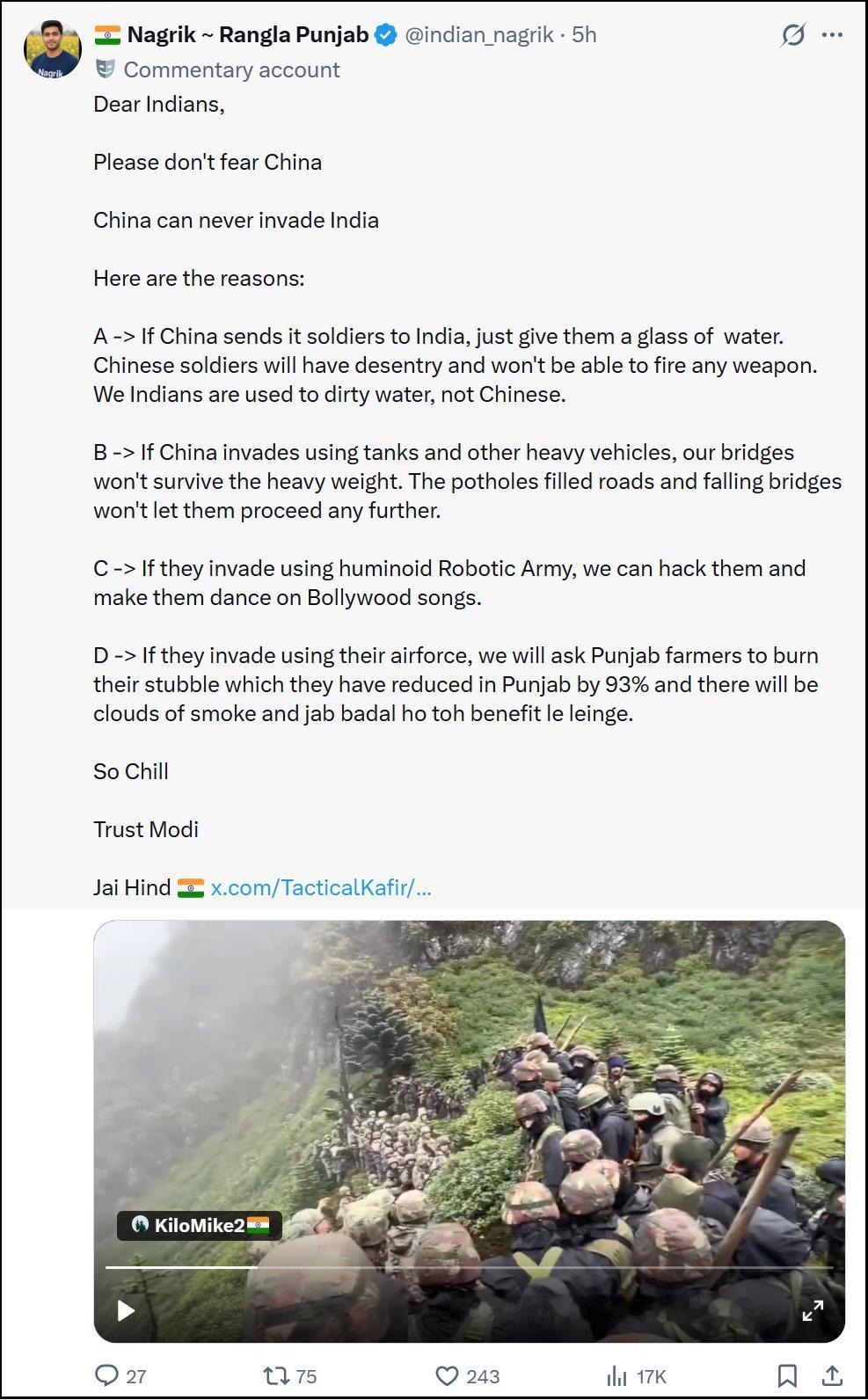 近日，印度一博主在社交媒体上发文，说中国永远无法战胜印度，入侵印度。该博主给出了