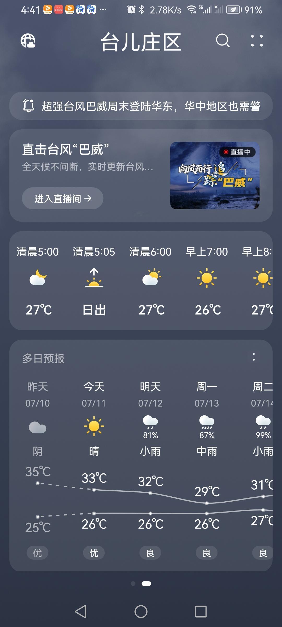 “7.11”星期六，天气预报“晴”。炎热的盛夏。气温26—33。