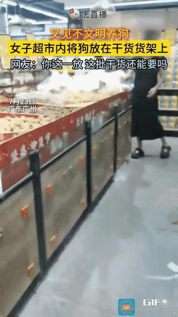 这位女士素质在哪呢？公共超市的食用货架当成宠物落脚台，这位养狗女士的自私举动，实