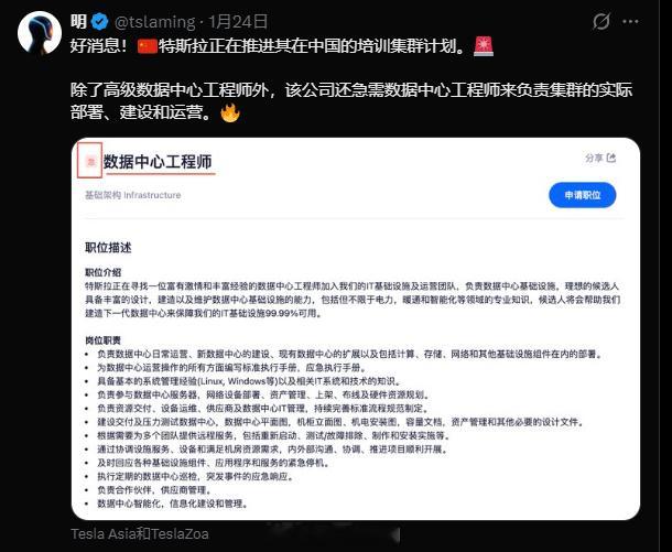 特斯拉正在招聘的数据中心工程师来负责集群的实际部署、建设和运营，也很大可能是为F
