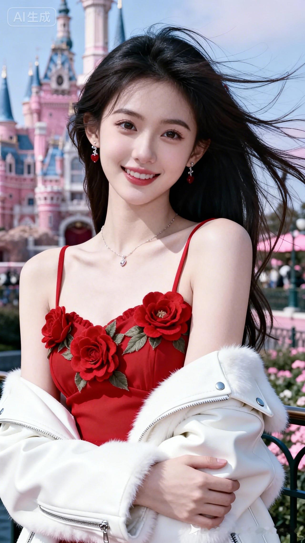 迪士尼乐园里，19岁东方少女穿红裙配红花，皮草外套轻落臂弯。侧光柔洒，发丝随风轻