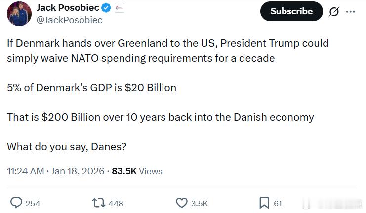 杰克·波索：如果丹麦把格陵兰移交给美国，特朗普总统完全可以直接免除丹麦未来十年的