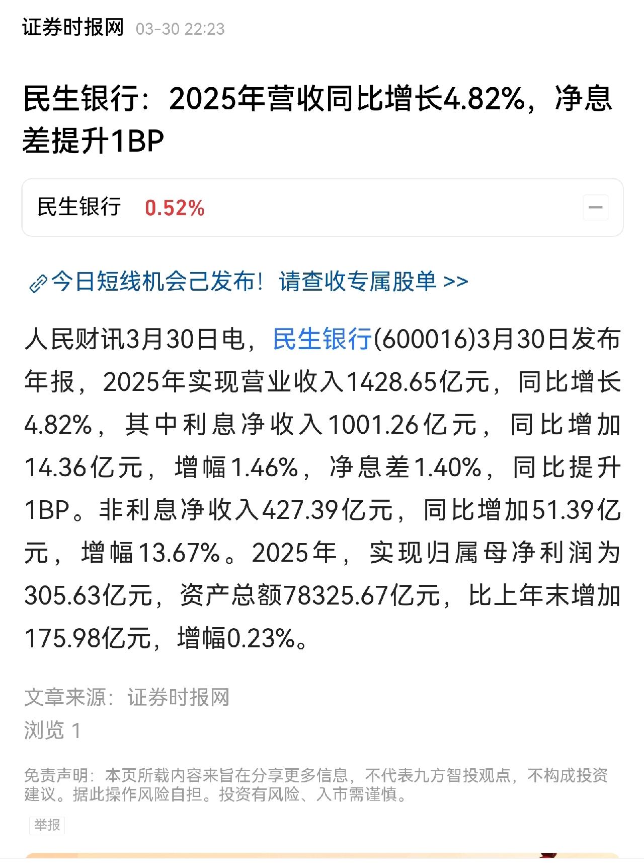 关注｜民生银行最新分红出炉，全年派息超82亿
 
提示：理财有风险，投资需谨慎