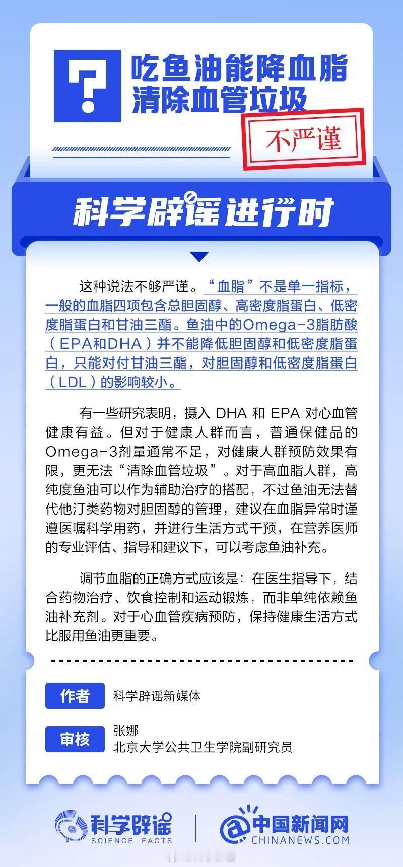 科学辟谣进行时【鱼油不能直接降低血脂和清理血管垃圾】对于健康人群而言，普通保健品