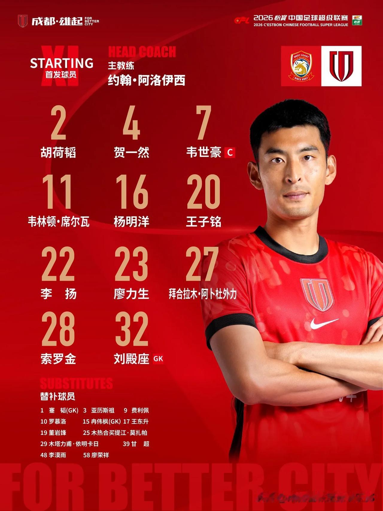 比赛首发名单出炉！成都，雄起！为更好的城市而战 ​​​