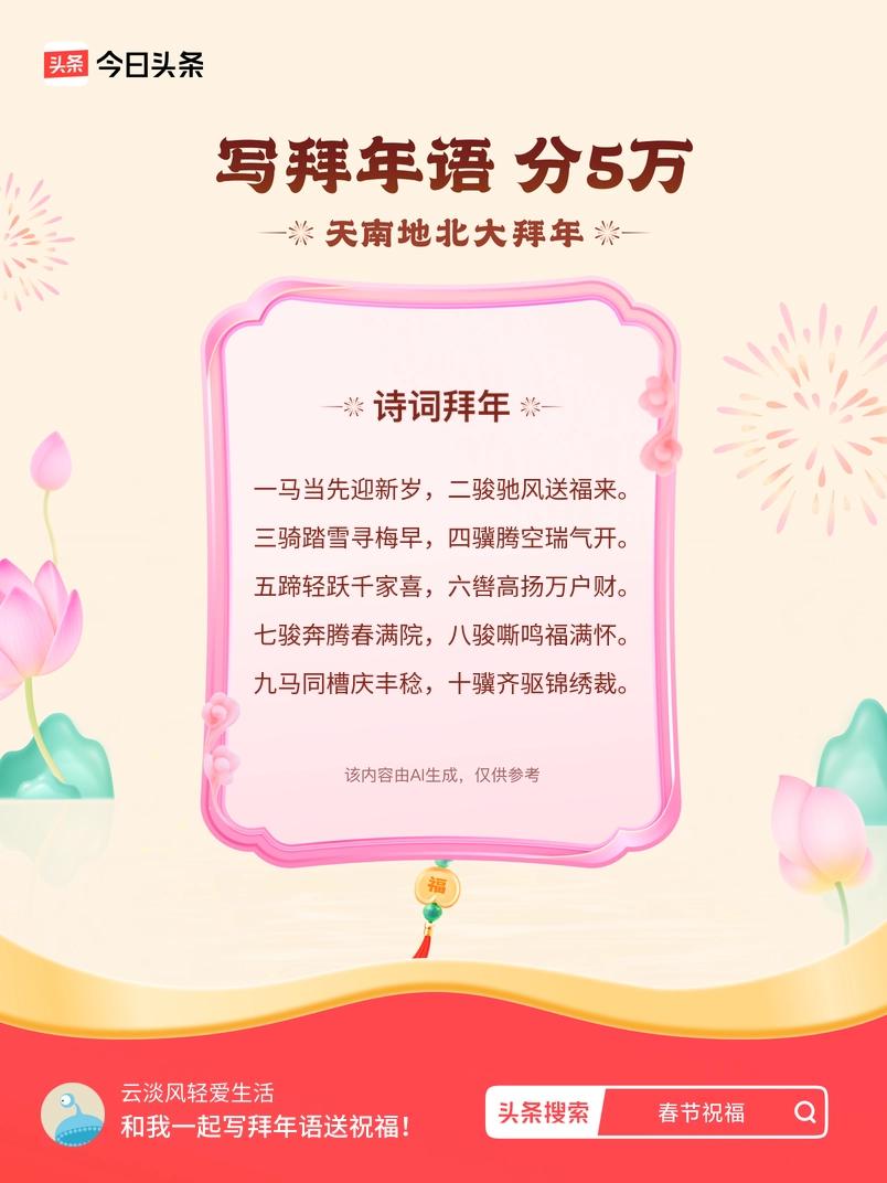 写拜年语送祝福新春拜年送祝福！我的祝福是：“一马当先迎新岁，二骏驰风送福来。三骑