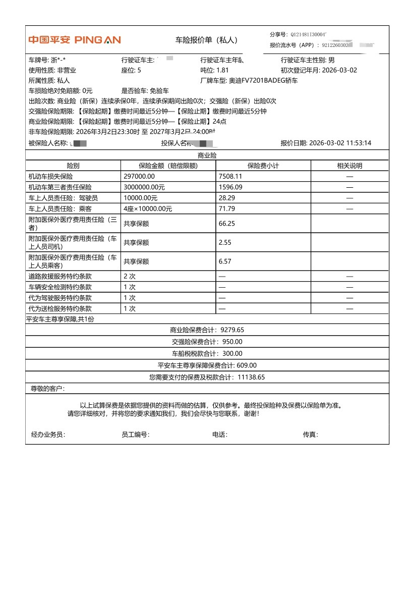 最近出的一台A6 45两驱的保险，商业险➕交强险一共是11138元，最近提A6的