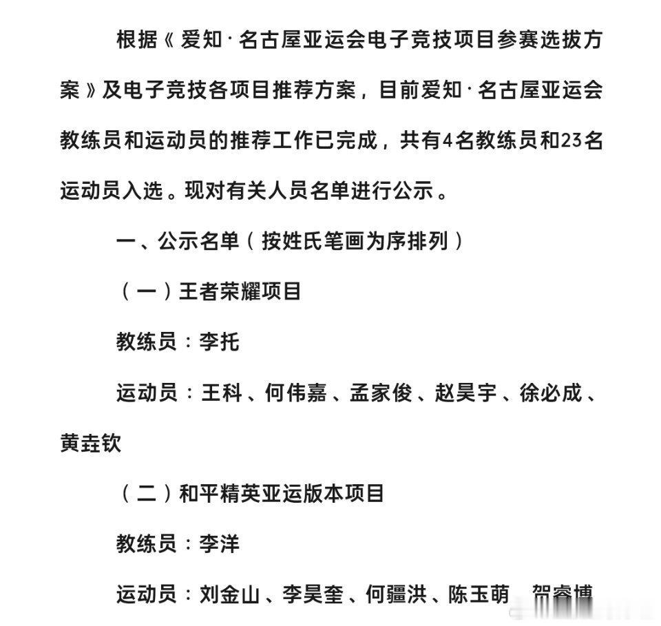 2026爱知·名古屋亚运会和平精英亚运版本项目国家集训队名单公示。教练李洋，运动
