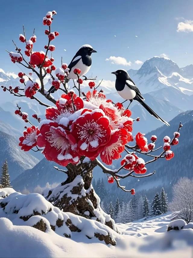 上联：红梅有爱雪相依
下联：翠竹无言月作陪