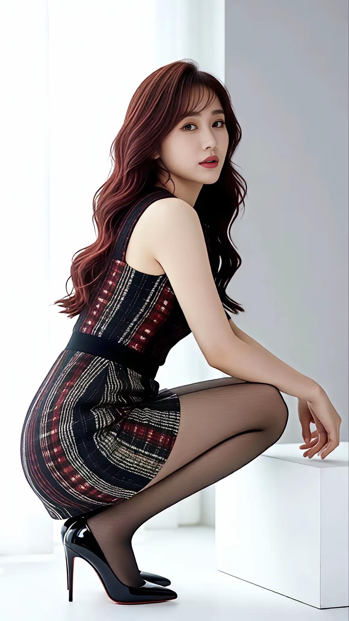 优雅红发少女，复古格纹裙装，黑白高跟鞋，时尚与优雅的完美结合。