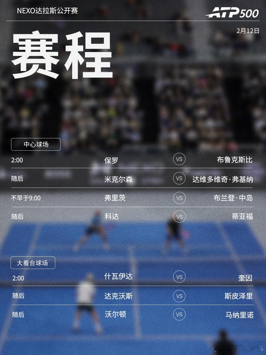 三项赛事今日赛程见图（均为北京时间） ⭕️ ATP500Nexo达拉斯公开赛📍