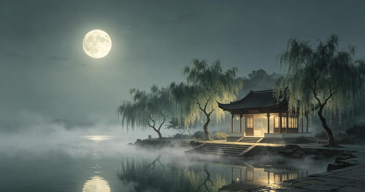 上联：晚风轻拂荷塘岸，请对下联明月漫笼柳榭边