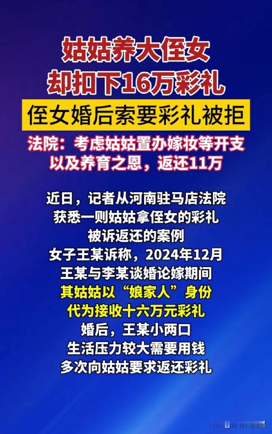 姑姑养侄女10余年扣16万彩礼被诉，到底谁错了？网友吵翻了
 
河南驻马店这起彩