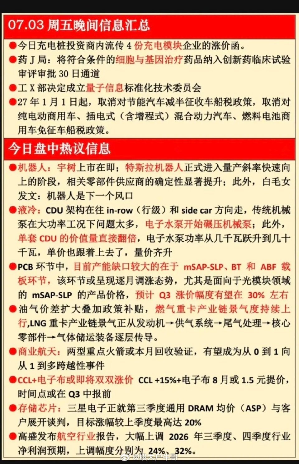 7.03周五晚间六大核心财经热点完整梳理一、充电桩板块：上游成本抬升，充电模块集