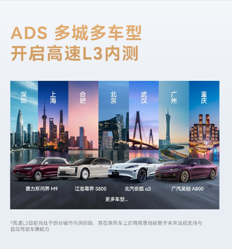 华为乾崑智能汽车解决方案正式宣布，他们的高速L3解决方案已经在多车多城市开始内测