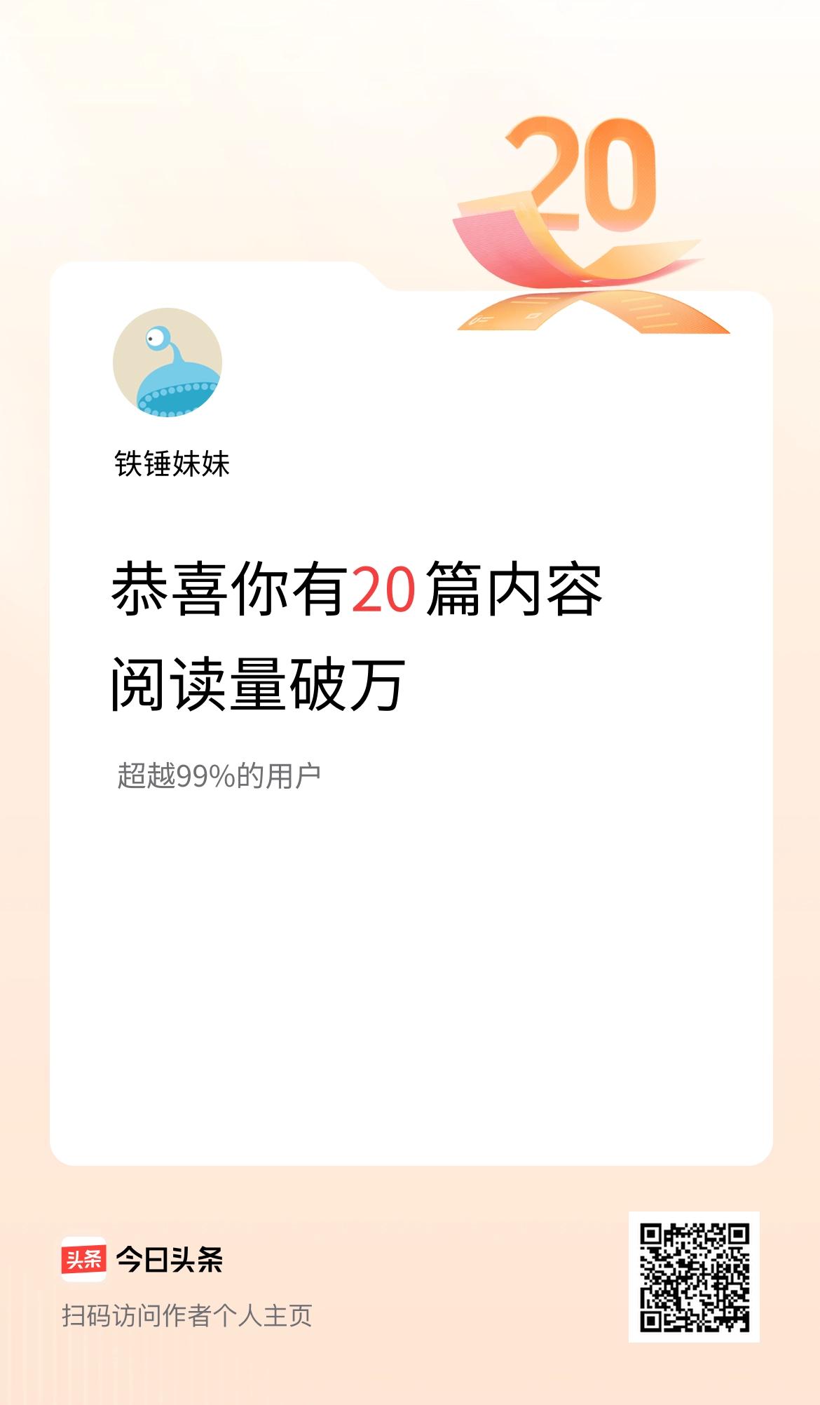 我在头条有20篇内容阅读破万了！
