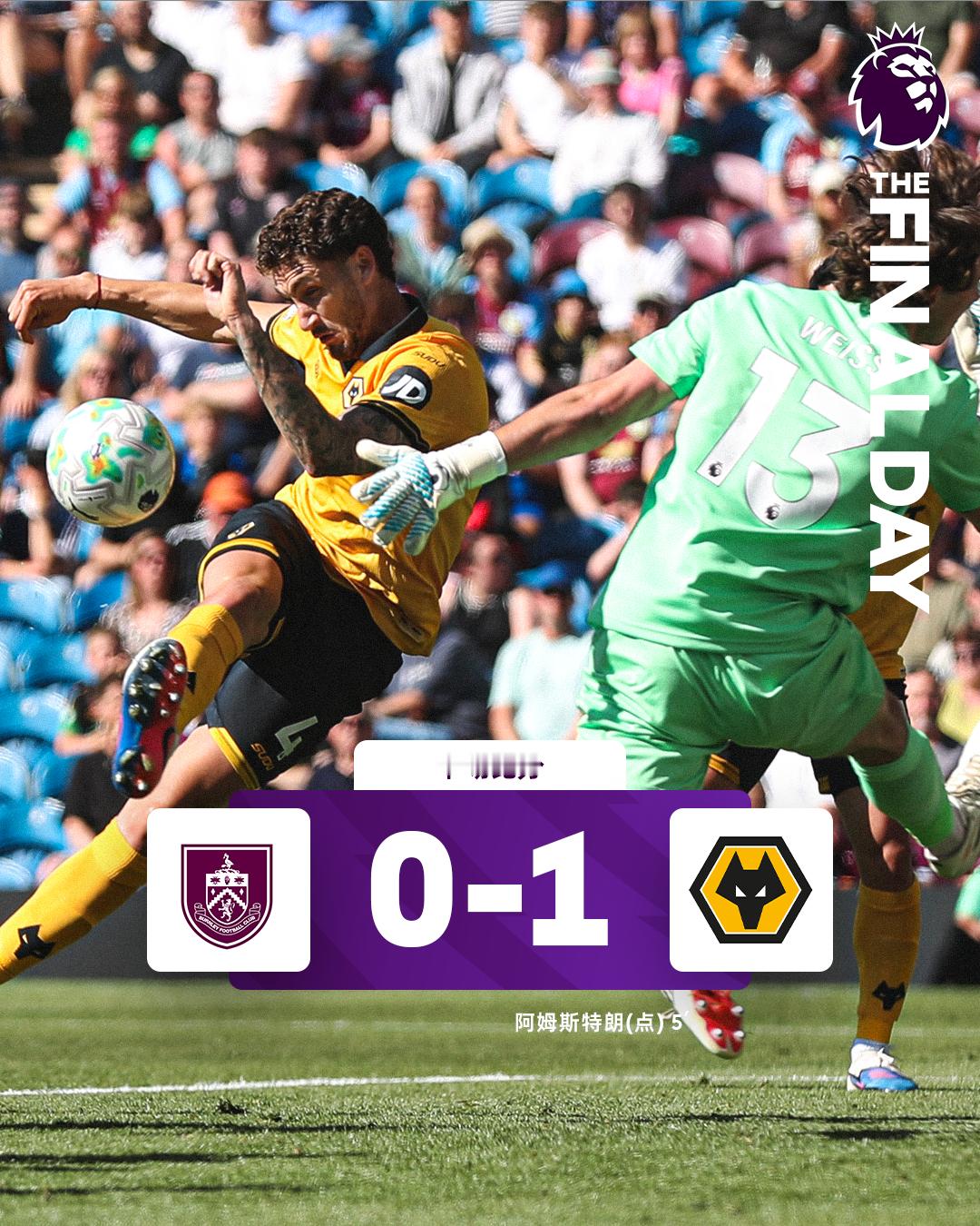 半场比分 | 伯恩利 0-1 狼队⚽第5分钟，阿姆斯特朗打进点球。英超联赛伯恩利