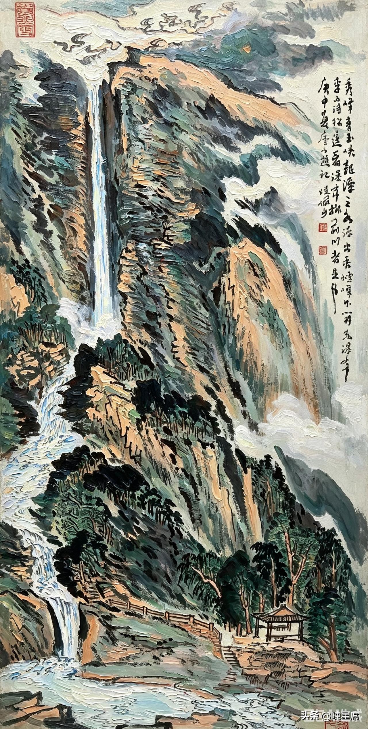 夏日生活打卡季日光穿破林间云雾，折射出虹桥横卧层泉，浓翠山峦衬着层层素白飞瀑，刚