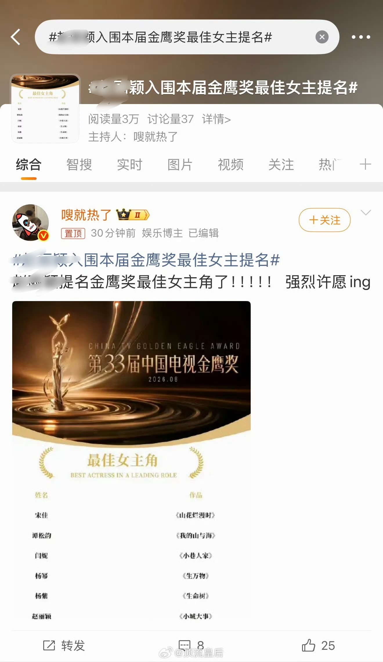 金鹰奖提名还没出还没出提名就有词条了，好尴尬 