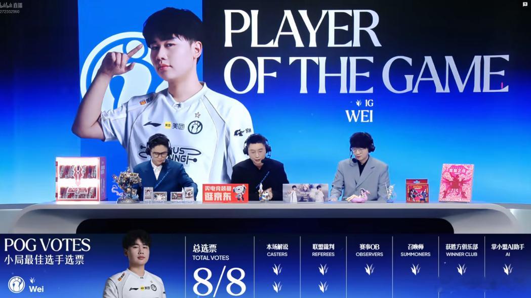 Wei本局获8/8全票POG，IG目前2比0领先JDG。Wei全票MVPIG2比