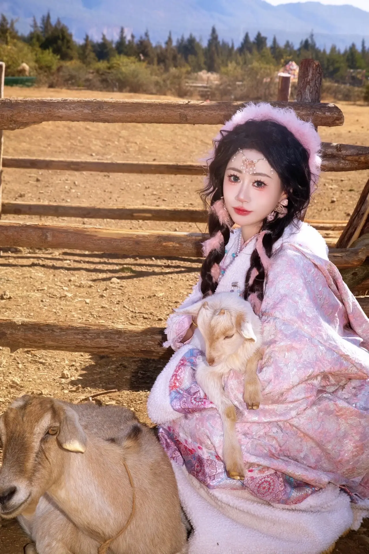 被甜到！丽江粉色藏服抱小羊🐑少女感拉满 又是被客妹美到的一天 女孩子...