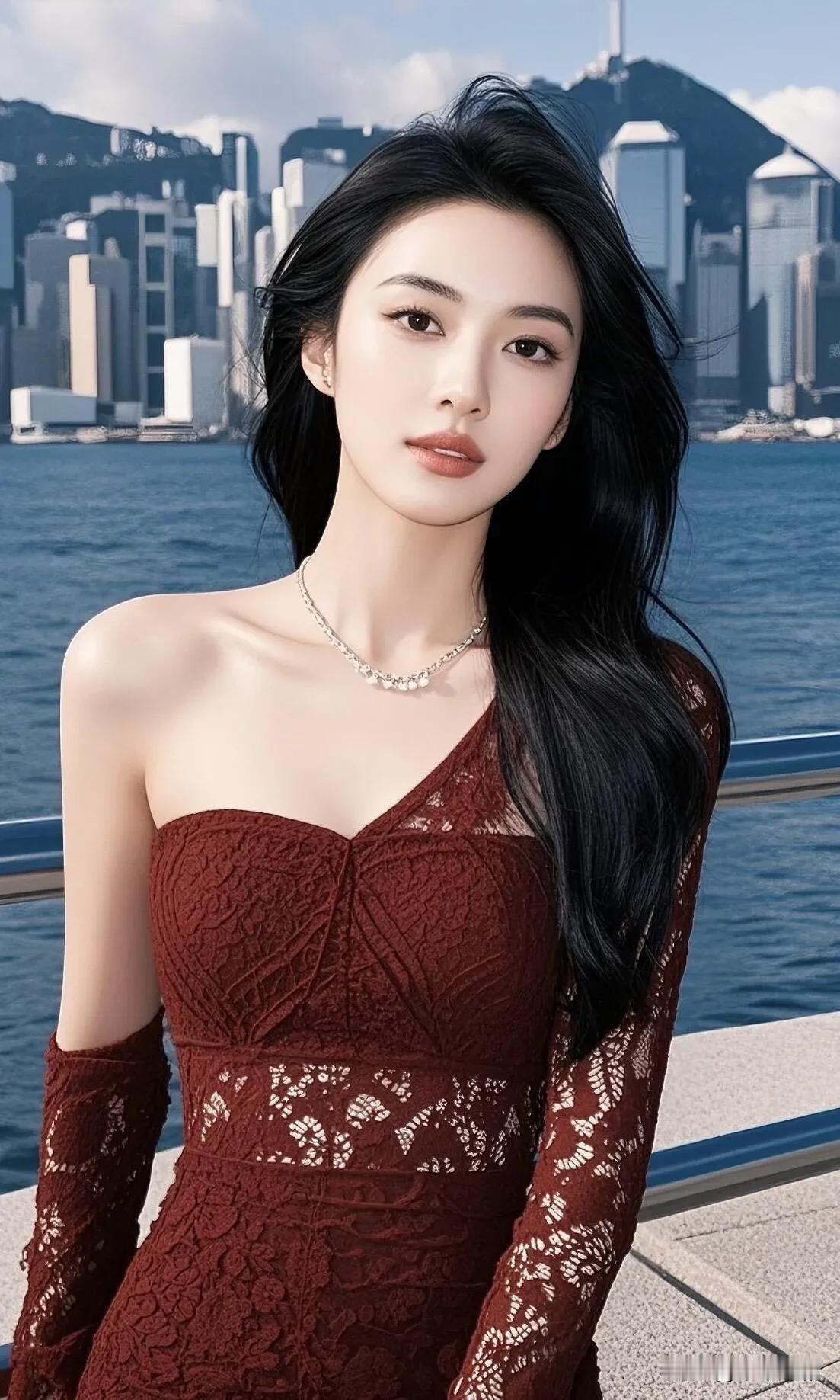 如何成为一个时尚的女孩?
酒红蕾丝斜肩裙衬着维港海景，碎钻项链点缀揉出明艳又冷艳