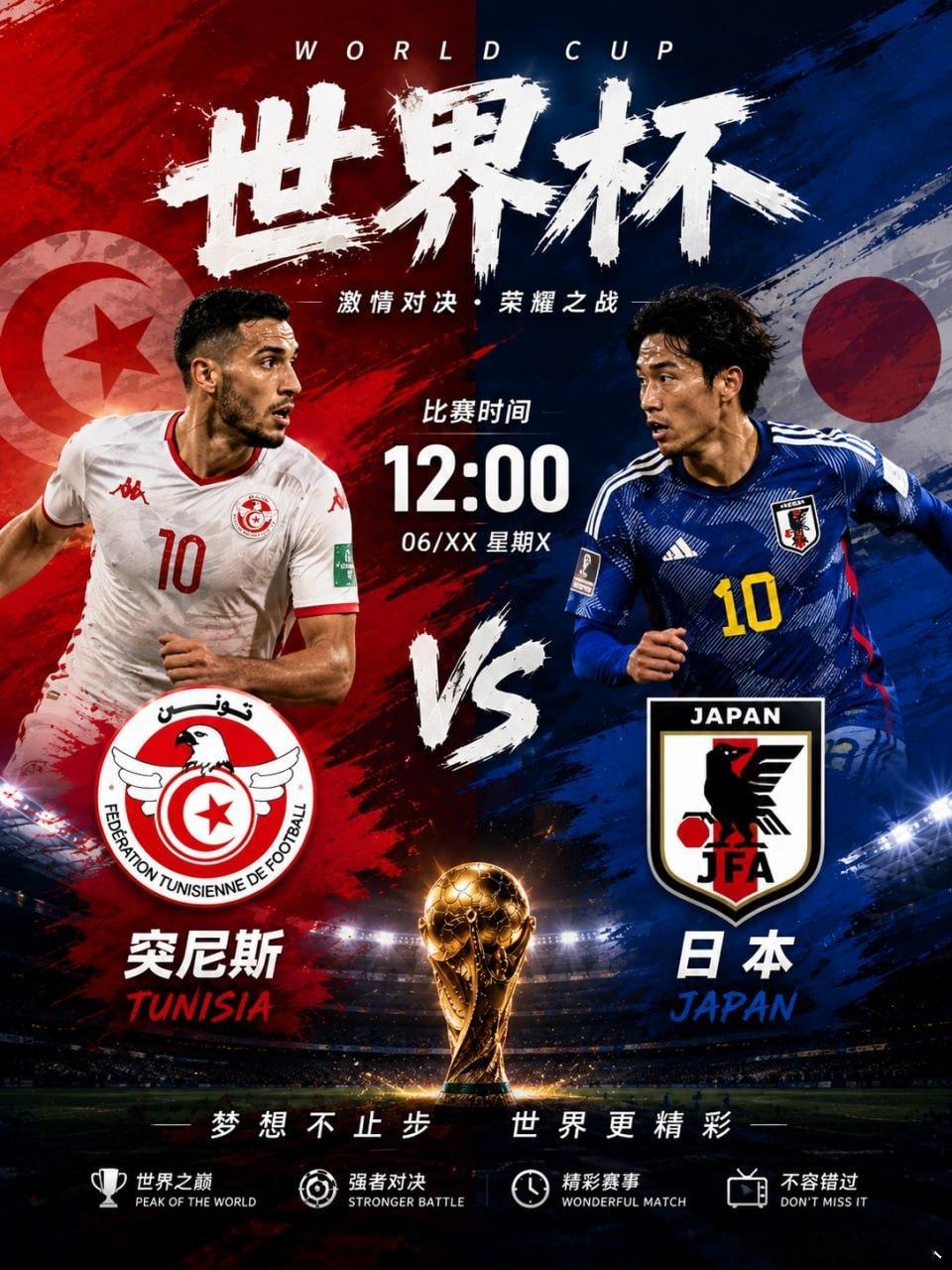 12:00世界杯 🇹🇳突尼斯vs日本 🇯🇵北非劲旅迎战亚洲豪强！突尼斯身