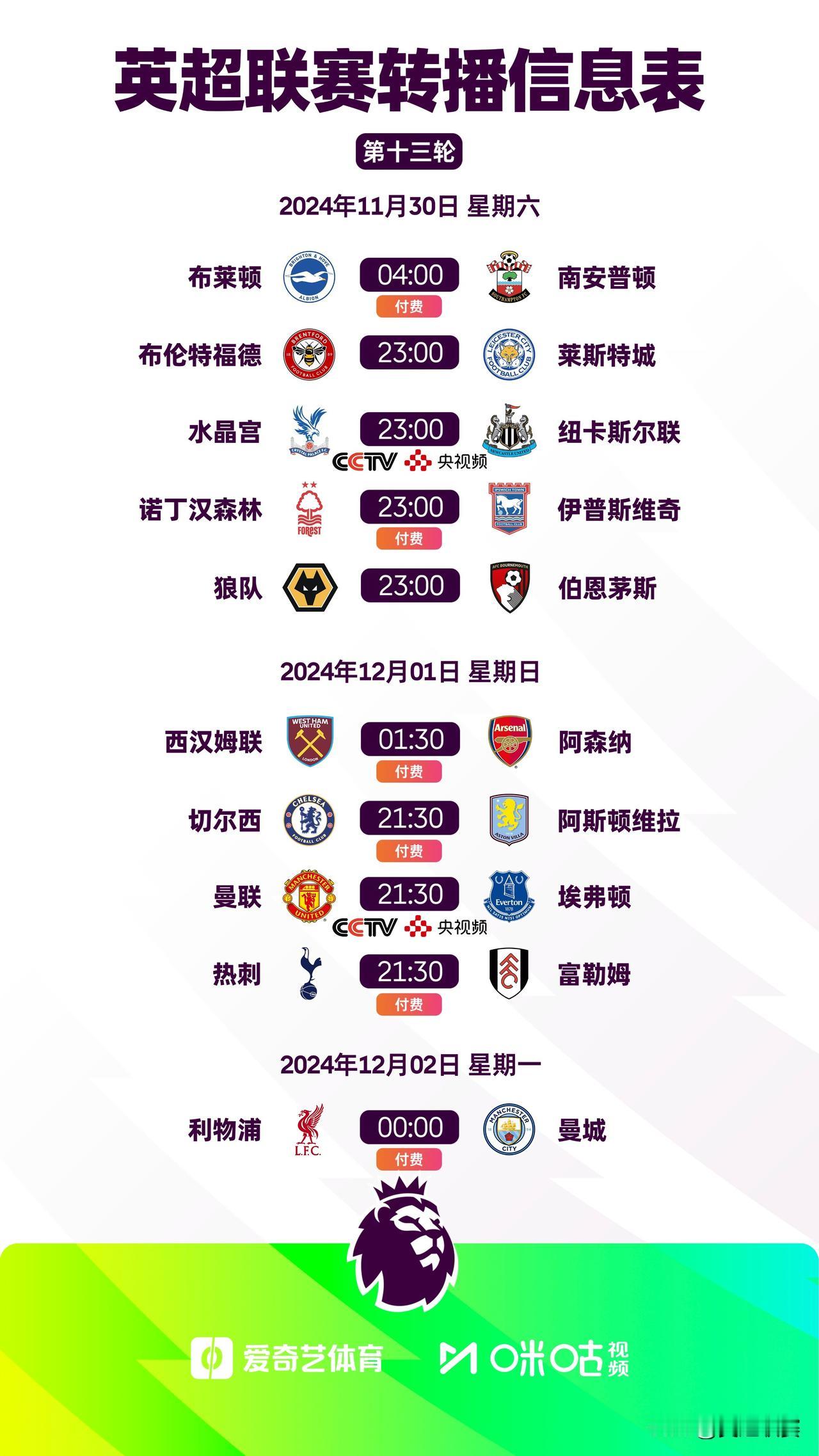 2024/25赛季英超第13轮转播信息

焦点战：利物浦 vs 曼城 付费直播