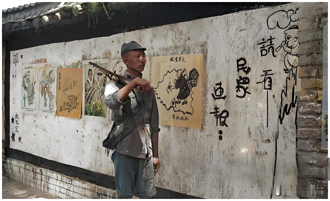 1937年的上海街头，一位士兵肩扛步枪，步履坚定地行走在一幅抗日宣传画报前。这幅
