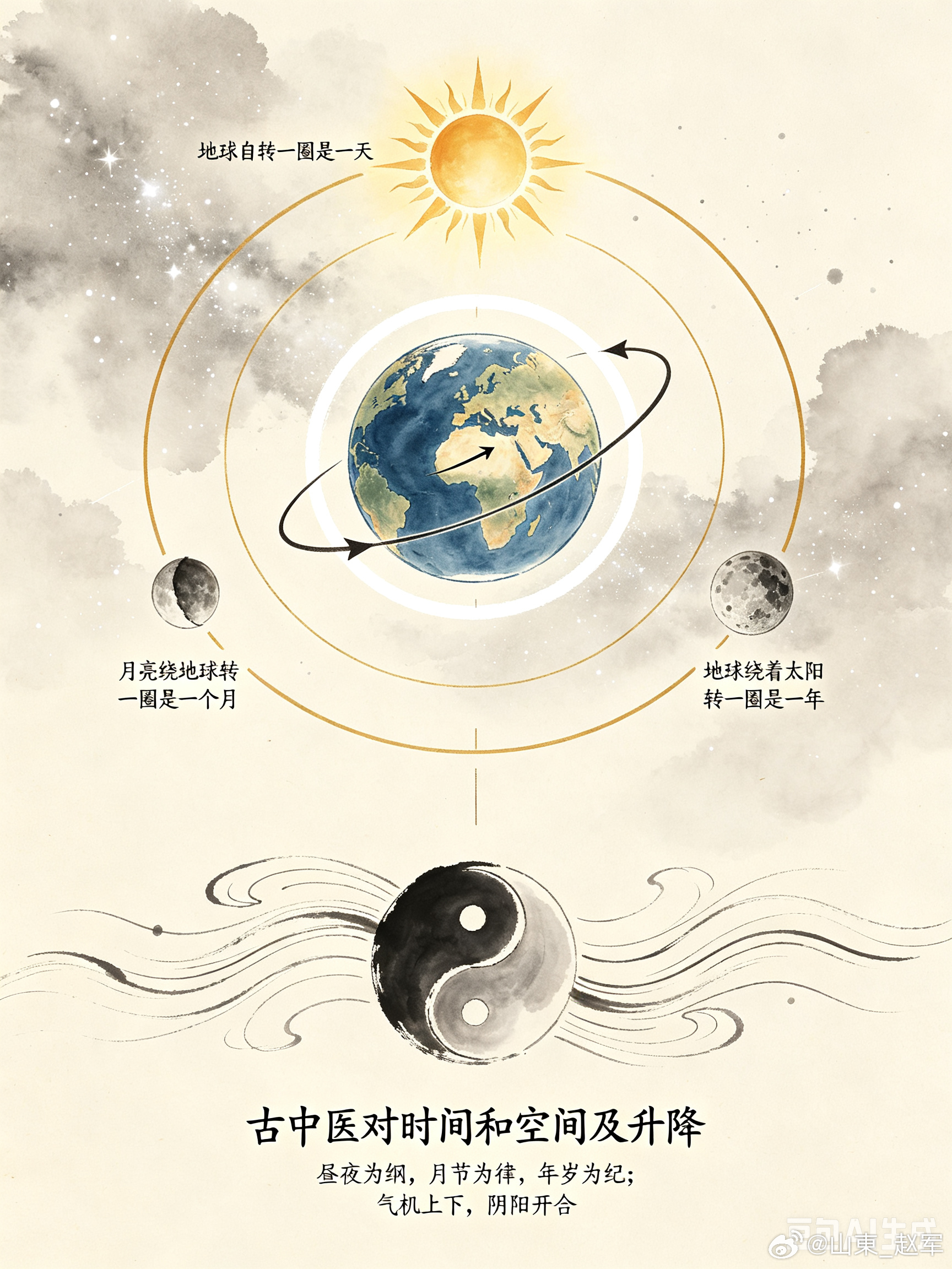 天人合一日出随阳趁早兴，午时餐食养黄庭。子前安卧藏初气，身合乾坤循轨形。顺道气机