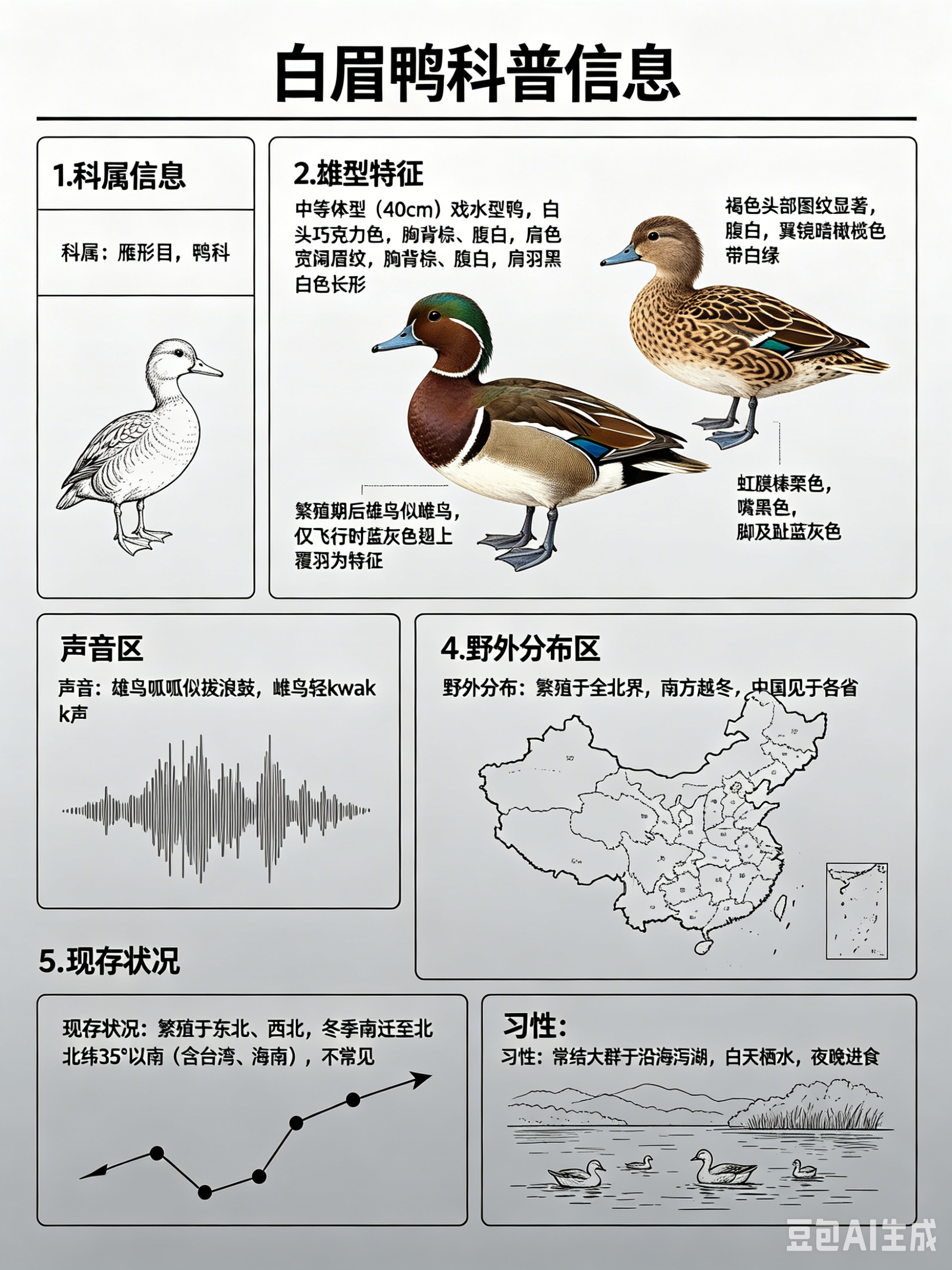 鸟类朋友图鉴 白眉鸭·科属：雁形目，鸭科。·外形特征：中等体型（40cm）的戏水